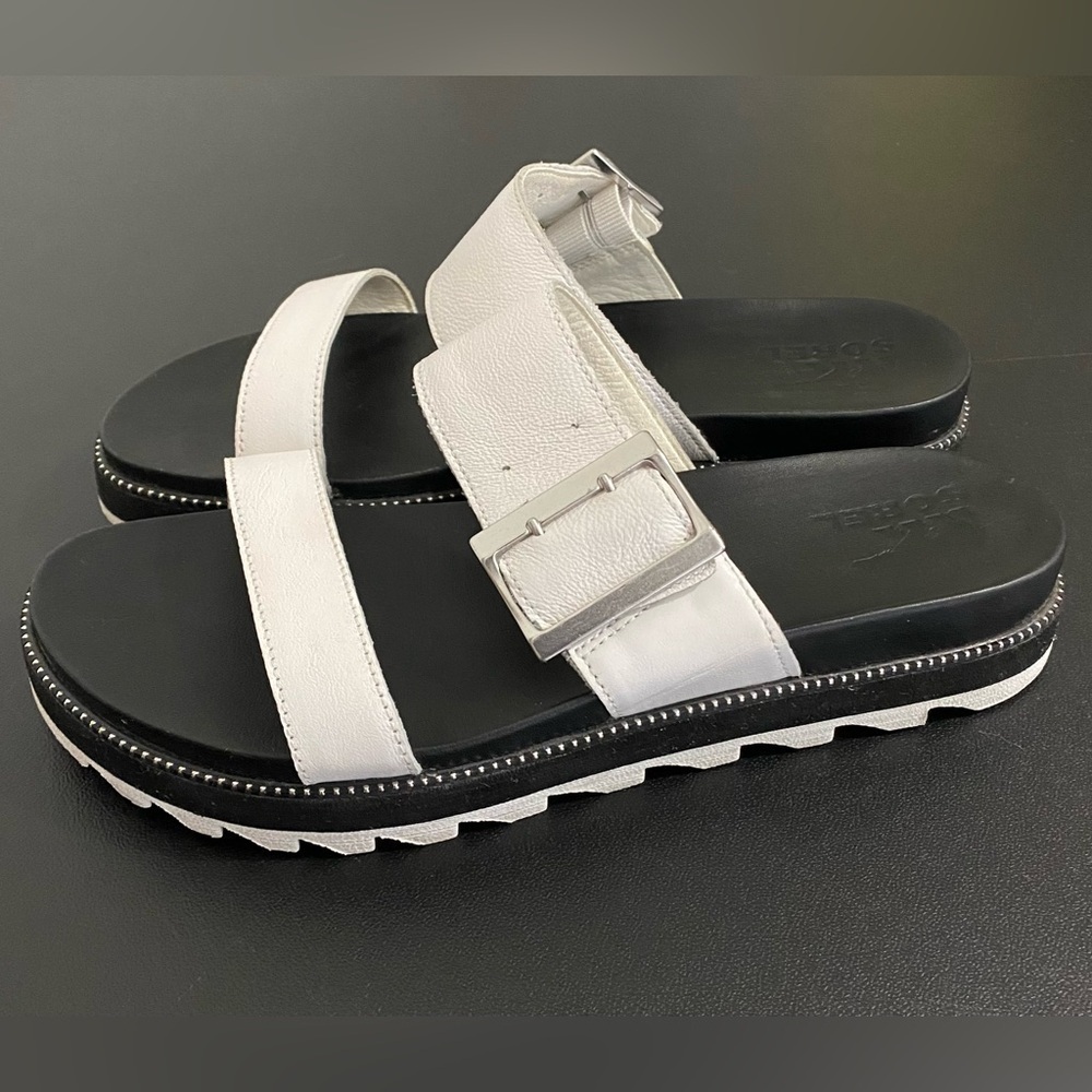 Sorel Roaming Big Buckle Slide Sandals Leather Size 10 White Black 90s Chunky - Picture 6 of 14